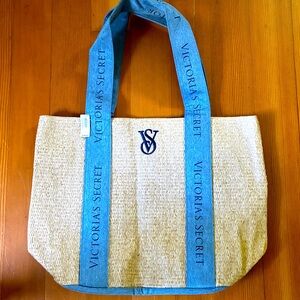 Victoria’s Secret Beach Tote Bag denim and wicker